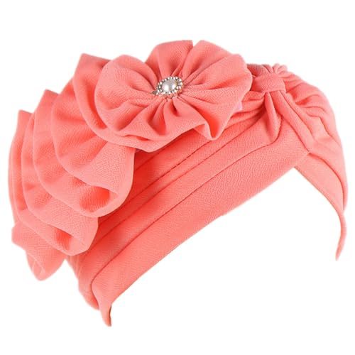 Flower Turban Hats for Women - Ruffle Bead Stretch Solid Caps Chemo Cancer Pre Tied Headscarf Headwear - color: Watermelon Red