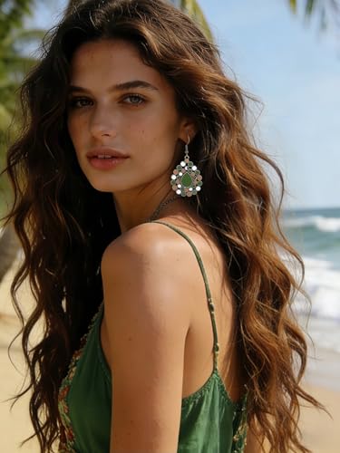 4 Pairs Vintage Boho Earrings for Women Green Bohemian Geometric Tassel Leaf Dangle Earrings Jewelry Accessories Gifts for Beach Festival & Everyday Wear - color: Green B