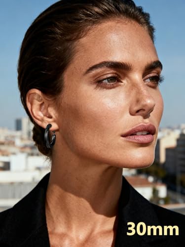 Bestyle 5mm Thick Gold Hoop Earrings Hypoallergenic Hoops for Sensitive Ears Trendy Lightweight Chunky Earrings for Women 30/40/60/80mm - color: 02-Black, size: 30mm