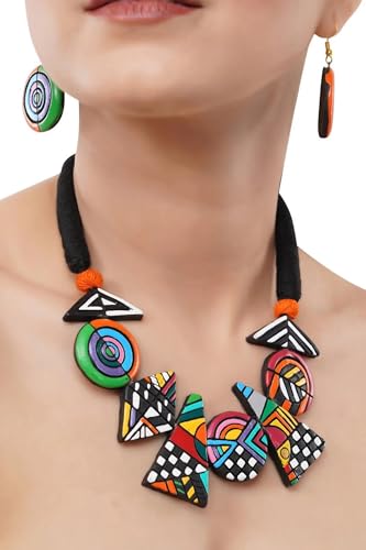 Bold Multicolor Geometric Terracotta Jewelry Set Hand-Painted Clay Necklace with Earrings | Artisan Handmade Statement Boho Jewelry for Women | Gift for Her - color: Multicolour Geometric