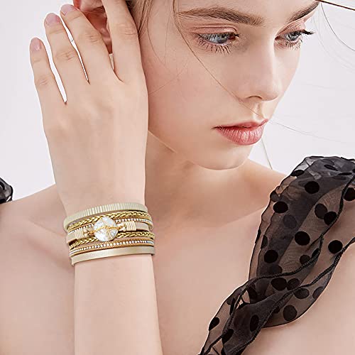 Leather Wrap Bracelet Set 3Pack Wrist Cuff Bracelet for Women Multilayer Magnetic Clasp Bracelet Feather Tree Bead Crystal Bracelet - color: Pearl Love