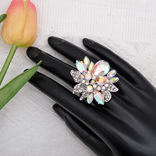 CSY Luxury Women's Austrian Crystal Leaves Flower Big Cocktail Statement Rings Stretch Adjustable Ring Jewelry Accessories - color: AB Crystal