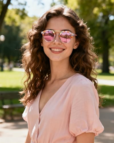 CARFIA Double Bridge Small Acetate Sunglasses for Women Polarized, Retro Metal Brow Ladies Sunnies Fashion Round Eyewears - color: 6. Pink White Tortoise Frame Pink Mirrored