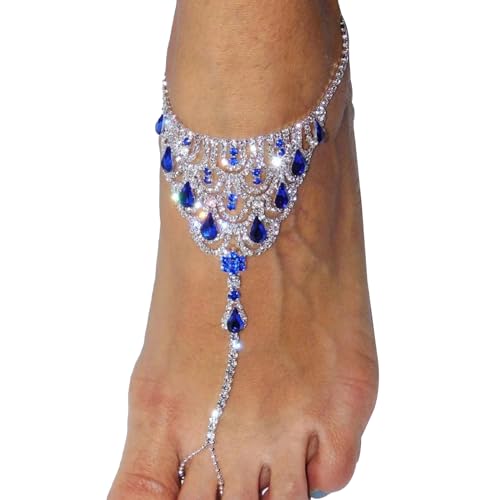 1Pair Summer Beach Water Drop Anklet Rhinestone Toe Ring Foot Chain Bridal Crystal Barefoot Anklet Sandal High Heels Accessories for Women - color: Blue