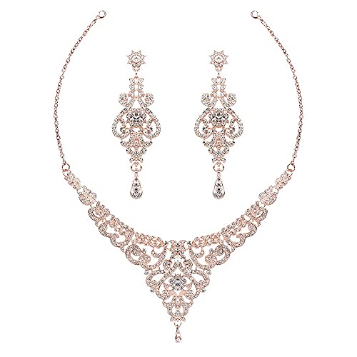 Hapibuy Crystal Wedding Jewelry Set Necklace Earring Set For Women and Brides Rose Gold and Silver Bridal Statement Jewelry sets - color: rose gold
