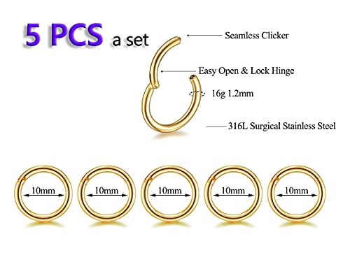 5Pcs 16G 18G Surgical Steel Nose Rings Hoop Tragus Septum Cartilage Hoop Earrings For Women Men Body Piercing Jewelry Kit Bar Length 6mm/8mm/10mm/12mm/14mm - style: 5Pcs -16G - Gold - 10mm