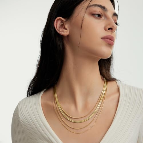 ARSIS 18K Gold Plated Herringbone Necklace Snake Chain Choker Dainty Layered Hypoallergenic Jewelry Gift for Women - color: Gold Multi-Layer