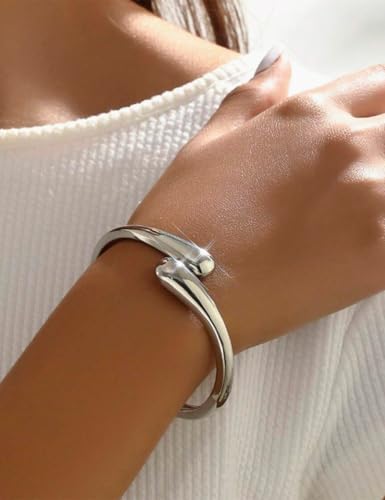 Chunky Gold Bangle Bracelets for Women, Dainty 14k Gold Plated Big Stackable Bangles Set, Trendy Statement Cuff Bracelet Stack Summer Beach Jewelry Gifts - style: Silver