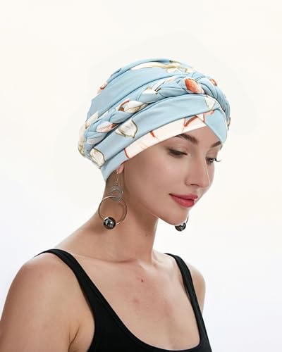 ZLYC Chemo Headwear for Women Pre Tied Turban Headwear Lightweight Beanie Hat - color: Braid Floral Light Blue