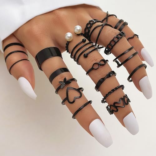 22 Pcs Gold Knuckle Rings Set for Women,Boho Fashion Thick Finger Stacking Rings,Vintage Midi Hollow Statement Rings Pack Jewelry Gift - color: Black