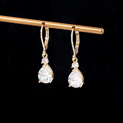 CiNily Teardrop Leverback Dangle Earrings for Women Hypoallergenic 14K Gold Plated Cubic Zircon Drop Earrings Fashion Crystal Earrings for Girls Jewelry Christmas Gifts - color: Gold-White CZ