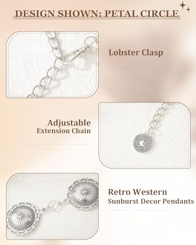 AWAYTR Chain Belt for Women – Adjustable Boho Metal Waist Chain Belt Gold Sliver for Dresses Jeans Country Concert Outfit - color: Sliver-petal Circle