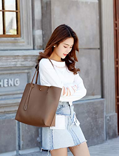 Dreubea Women's Soft Faux Leather Tote Shoulder Bag from, Big Capacity Tassel Handbag - color: Dark Khaki