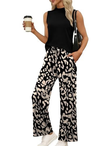 WIHOLL Two Piece Set for Women Summer Spring Outfits Cruise Travel Airport Beach Vacation Mock Neck Wide Leg Pants Set - color: Black Print, size: Small