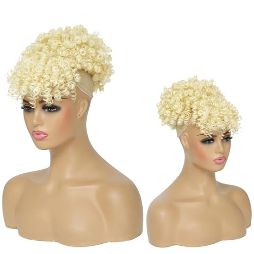 Drawstring Ponytail with Bangs Afro Puff Ponytail Extensions for Women Short Curly Puff Ponytail with Bangs Clip in Wrap Updo Hairpiece for Women (613#) | Afro Puff Ponytail Extensions, Short Curly Puff, Clip in Wrap Updo, For Women - color: 613#