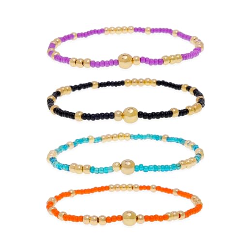 Gold Beaded Stackable Friendship Bracelets Set for Women, Handmade Boho Stretch Summer Jewelry Gift. - color: gold green pink white sky blue