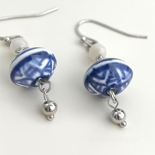 Boho Earrings for Women Natural Stone Beaded Handmade Vintage Dangle Earrings Bohemian Lightweight Hypoallergenic Jewelry for Dailywear Festival Occasions - color: Blue and white porcelain