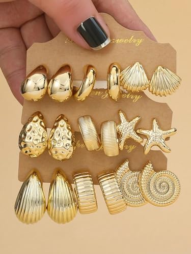 12 Pairs Chunky Gold Hoop Earrings for Women Trendy, Gold Plated Lightweight Hypoallergenic Stack, Thick Open Twisted Huggie Hoops Earring Set - color: 9 Pairs Gold Chunky