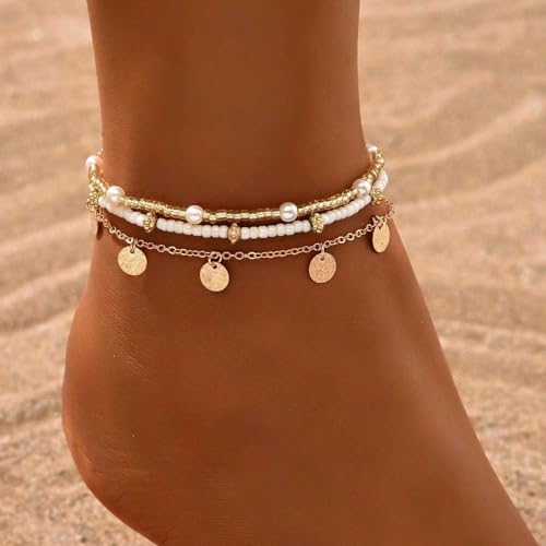 Qceasiy Shell Ankle Bracelet Set for Women, Gold Plated Boho Bead Adjustable Anklet, Hawaiian Beach Seashell Pearl Heart Starfish Conch Foot Jewelry Gifts - color: Disc 3Pcs