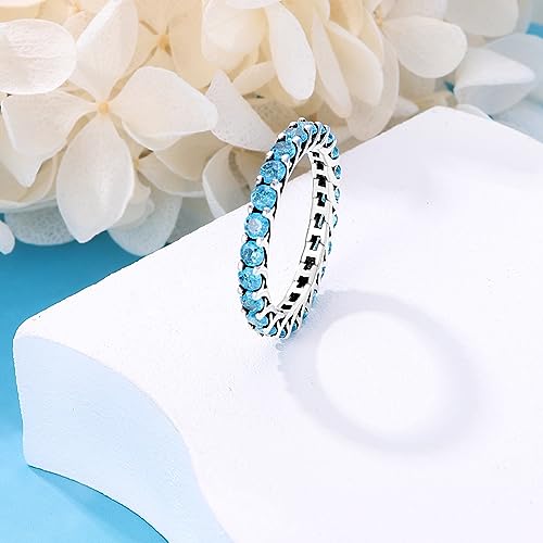 KUNSIR 925 Sterling Silver Rings Classic Cubic Zirconia Eternity Promise Statement Anniversary Wedding Bands Engagement Rings for Women Infinity Forever Love Ring Size 7-9 - style: Zircon Blue Ring