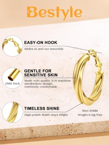 Bestyle 5mm Thick Gold Hoop Earrings Hypoallergenic Hoops for Sensitive Ears Trendy Lightweight Chunky Earrings for Women 30/40/60/80mm - color: 02-Gold, size: 30mm