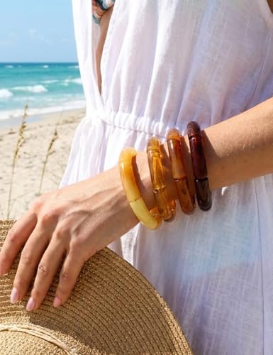iF YOU 6pcs Chunky Acrylic Bangle Bracelets for Women, Resin Bamboo Brown Stretchy Bracelet Stack, Fashion Jewelry for Women - color: 4 Orange bangles