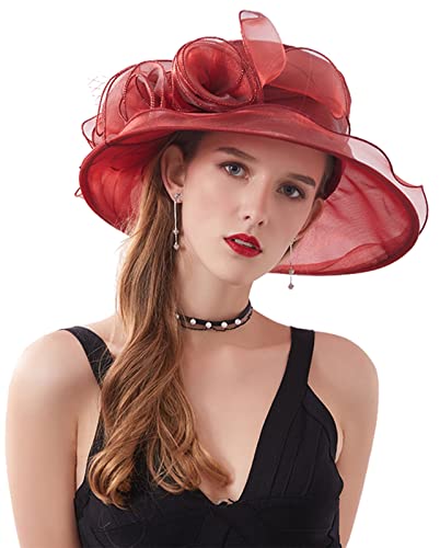 Women's Kentucky Derby Church Dress Hat Wide Brim Leaf Flower Bridal Shower Hat - color: A10 Winered