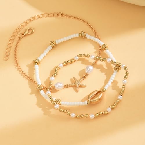 Vivian&CD Boho Shell Anklets Bracelet for Women Waterproof, Gold Layered Seashell Starfish Puka Shell Anklet, Adjustable Colorful Beaded Stack Stretch Bead Bracelet Set, Fashion Beach Foot Jewelry for Hawaii Summer Vacation - style: Starfish4