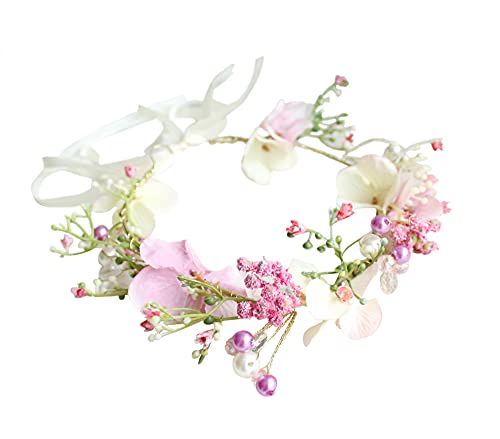 Vivivalue Boho Flower Crown Adjustable Flower Headband Hair Wreath Floral Headpiece Halo with Ribbon Wedding Party Festival Photos Pink - color: 2
