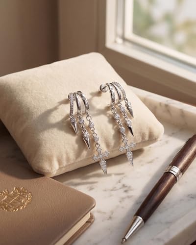 MUMREUES Gold Earrings for Women Trendy 14K Gold Plated Dangle Earrings Small Hoop Huggie Drop Stud Earrings Cubic Zirconia Simple Minimalist Dainty Chain Tassel Hypoallergenic Earrings - color: Cross & Silver