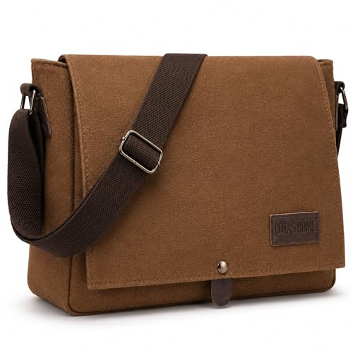 Cota's home Mens Canvas Messenger Bag, Satchel Bag for Men, Fits 14" Laptop, Compact Work Bag for Office & Travel - color: Mocha Brown