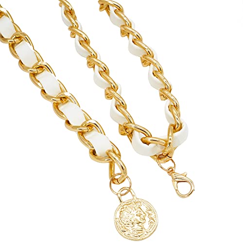 YooAi Chain Belts Leather Waist Belt for Women Layered Metal Chain Belt - size: XS/S: fits waist from 26"-30", style: White