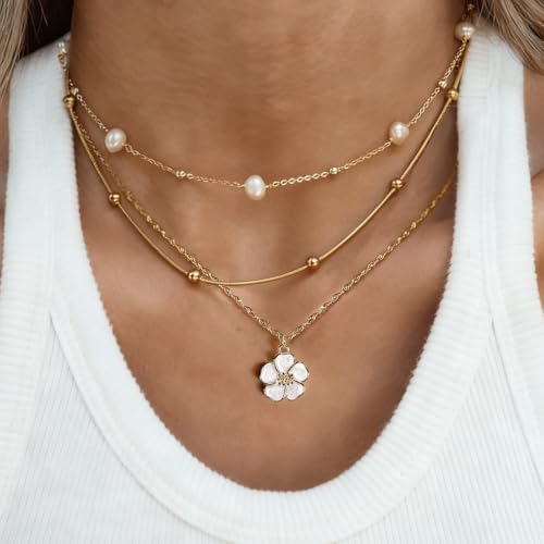 Gold Necklace for Women, Dainty White Enamel Sakura Flower Cherry Blossom Pendant, 18K Gold Plated Sparkly Jewelry Gifts for Her