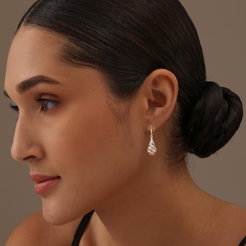 LeCalla 925 Sterling Silver Filigree Dangle Earrings for Women | Gold, Rose Gold & Rhodium Plated Diamond-Cut Filigree Drop Earrings | Lightweight Earrings Jewelry Gift - color: Yellow-Gold Diamond-Cut Teardrop