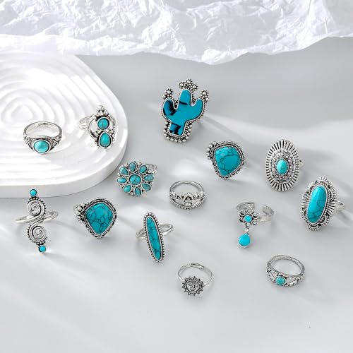 Boho Turquoise Ring for Women Silver Western Stackable Knuckle Rings Vintage Cactus Flower Midi Finger Ring Statement Jewelry Gifts - color: 14