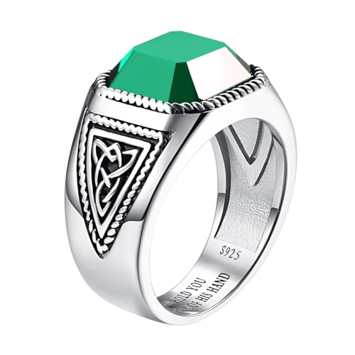 7ct Vintage Teal Turquoise|Emerald|Black Onyx Ring for Men 925 Sterling Silver Men Rings 11mm Square-Cut Mens Cocktail Rings Celtic Pattern Band for Dad Father Size 7-12 - color: Irish Celtic Knot-Simulated Emerald