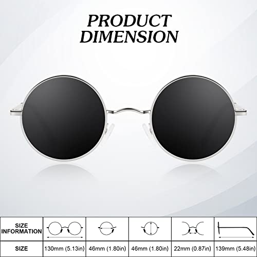 Round Polarized Sunglasses Men Women,Retro Metal Hippie Shades with 100% UV Protection - color: A08- Silvery Frame Black Lens