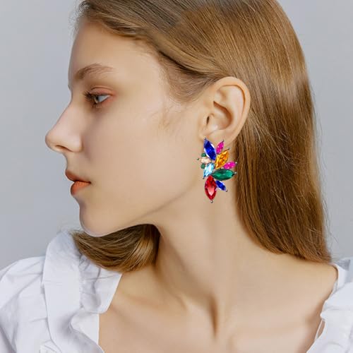 Bohemian Statement Sparkly Colourful Fancy Rhinestone Crystal Flower Dangle Drop Stud Earrings Vintage Wedding Bridal Prom Earrings for Women - color: Colorful