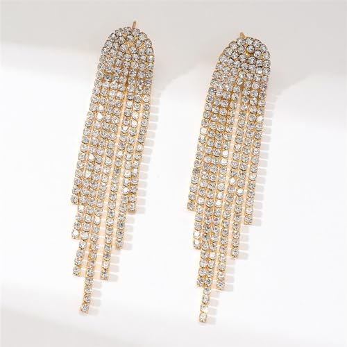 Rhinestone Tassel Earrings Sparkly Long Fringe Crystal Chandelier Dangle Drop Earrings Wedding Party Prom Earrings Premium Iridescent Earrings Wedding Party Jewelry Gifts for Women - color: Gold