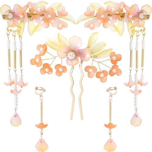 HINZIC 5pcs Pearl Flower Tassels Hairpin Set for Women, Red | Non-Slip, 2pcs Earrings Inclued, Alloy Made, Adorned with Rhinestones and Pearl, for Wedding, Brides, Parties, for Long Hair - color: Red