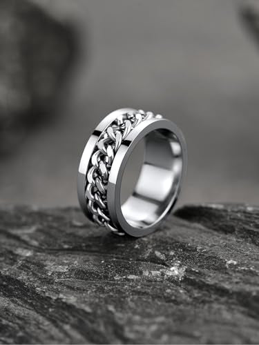 U7 Stainless Steel Mens Rings,7mm Gold/Black/Silver Chain Rings Fidget Spinner Ring Anxiety Ring for Men Women,Size 6-14 - color: Inlaid Chain Ring-Stainless
