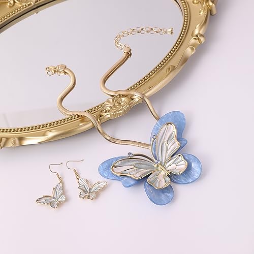 Vintage Chunky Statement Jewelry Set Retro Leaf Floral Geometric Bohemian Boho Bib Necklace Earring Set Fashion Costume Jewelry for Women Girls Wedding Party Prom Unique Gift - style: Butterfly - Light Blue