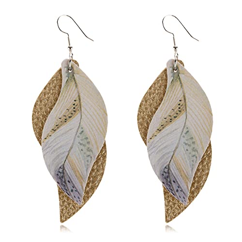 ANXIN boho unique Leather Earrings 2 Layered Lightweight Faux Leather Leaf Earrings Layered Design Drop Earrings Gift for Women - color: GOLD Faux Leather Leaf Earrings