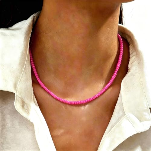Tgirls Boho Choker Necklace Chain Rice Beaded Necklaces Seed Bead Necklace Accessory for Women - color: Pink