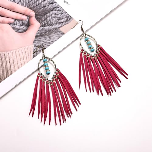 Long Bohemian Fringe Leather Earrrings Handmade Tassel Earrings with Turquoise Christmas Long Dangle Earrings for Women rodeo jewelry - color: 10