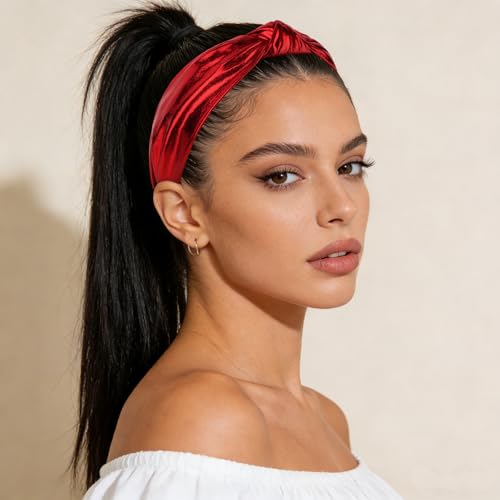 YISSION Metallic Red Knotted Headband for Women, Wide Twist Shiny Fabric Hairband, Fashion Hair Accessory for Everyday Wear, Parties, and Travel - color: Red