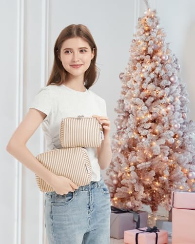 Narwey Small Striped Makeup Bag for Purse Mini Cosmetic Bag Travel Makeup Pouch Zipper Pouch Cute Make up Bags with Compartments for Women Girls (Brown Stripe, Small) - color: A-Brown Stripe, style: Small