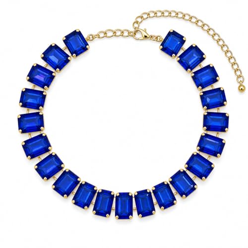 Fashionable Chunky Plated Tennis Rhinestone Statement Necklace Jewelry Set for Women Multicolor gem necklace with Great Sparkle and Shine Design for Women to Easy Match - color: navy blue square rhinestone