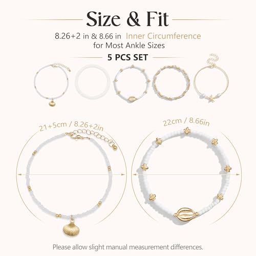 Fesciory Shell Ankle Bracelets for Women, Gold Plated Boho Anklet Set with Pearl Beads Starfish Conch Seashell, Adjustable Summer Beach Hawaiian Foot Jewelry Gift - style: Starfish&Conch 5Pcs