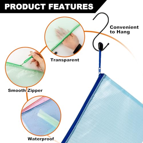 Mesh Zipper Pouch Bags - 5 Pack Large Waterproof Zipper Bags 13.2 x 9.4 Inch Clear Mesh Storage Pouches Assorted Colors for Home, Office, Travel, Puzzles, Cosmetic, Accessories - size: 13.2 x 9.4 Inch